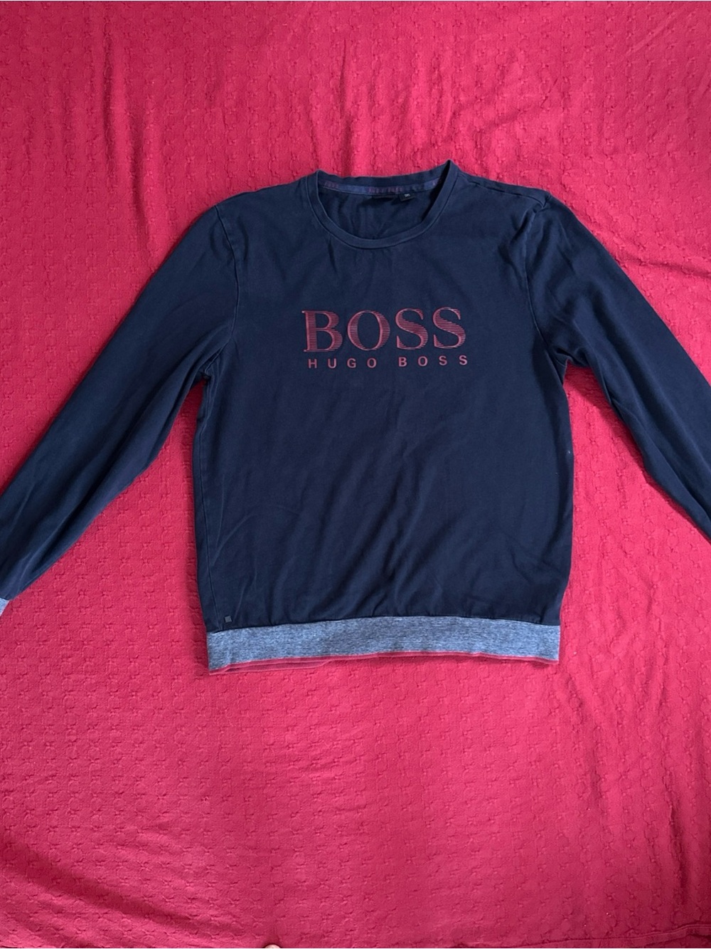 Boss Navy Crew Sweatshirt with Red Logo and Gray Trim